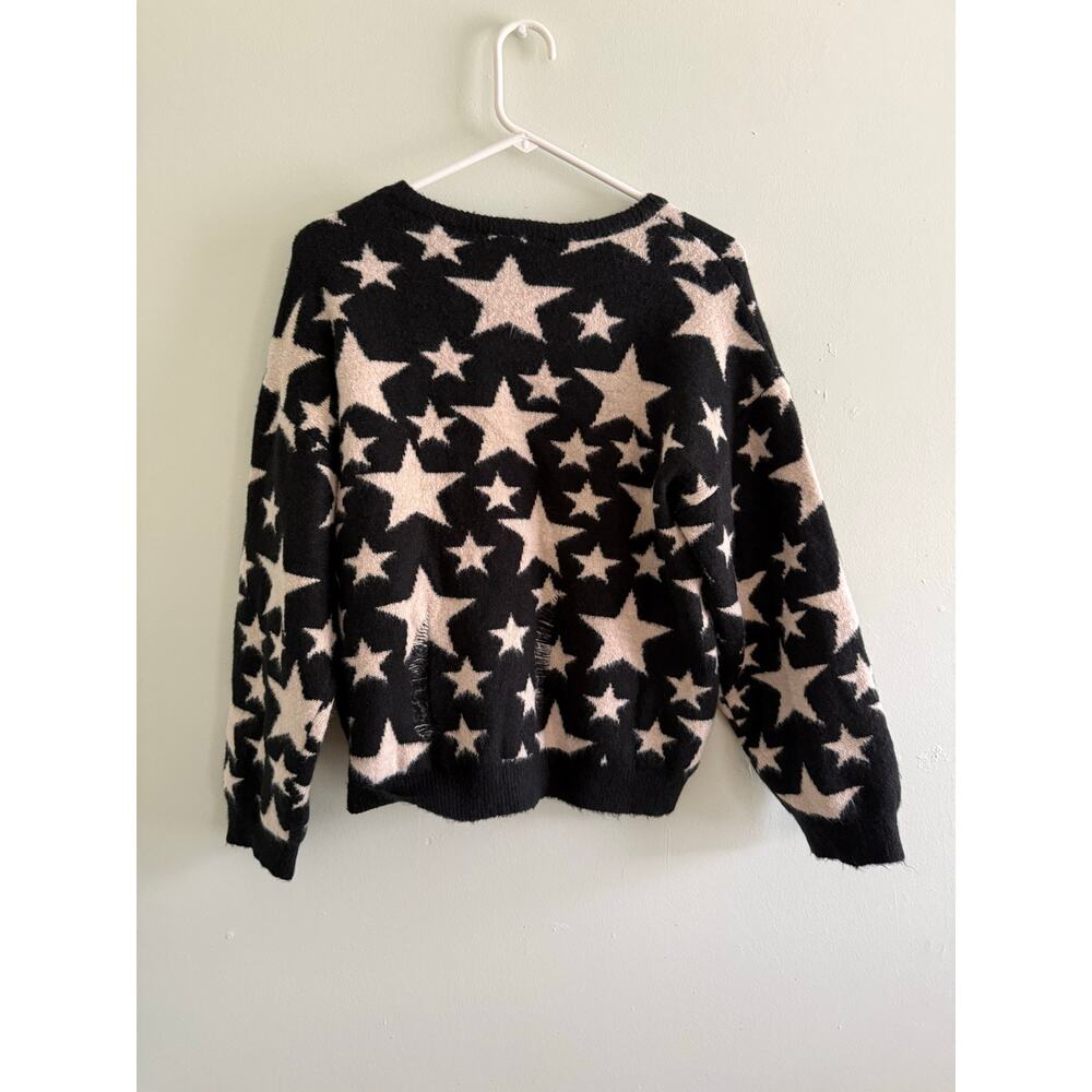 THML | NEW Preppy Soft Knit Black/Cream Star Destroyed Pullover Sweater Sz M - Picture 3 of 10